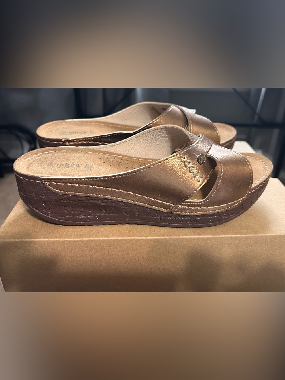 Wedge Slide Sandals in Metallic Bronze